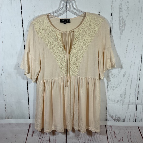 POL Tops - POL Cream Lace Neck Tie Babydoll Tunic Top Women S Boho Romantic Neutral Cottage